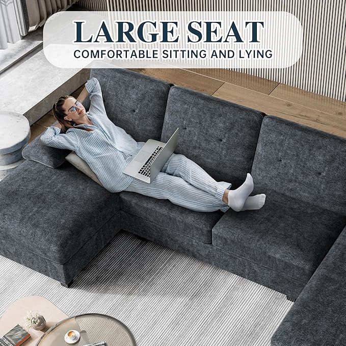 Meilocar Sectional Couches for Living Room, U Shaped Couch 4 Seat Sectional Sofa with Chaise and Armrests, Comfortable Fabric Large Sofa for Apartment (Grey)