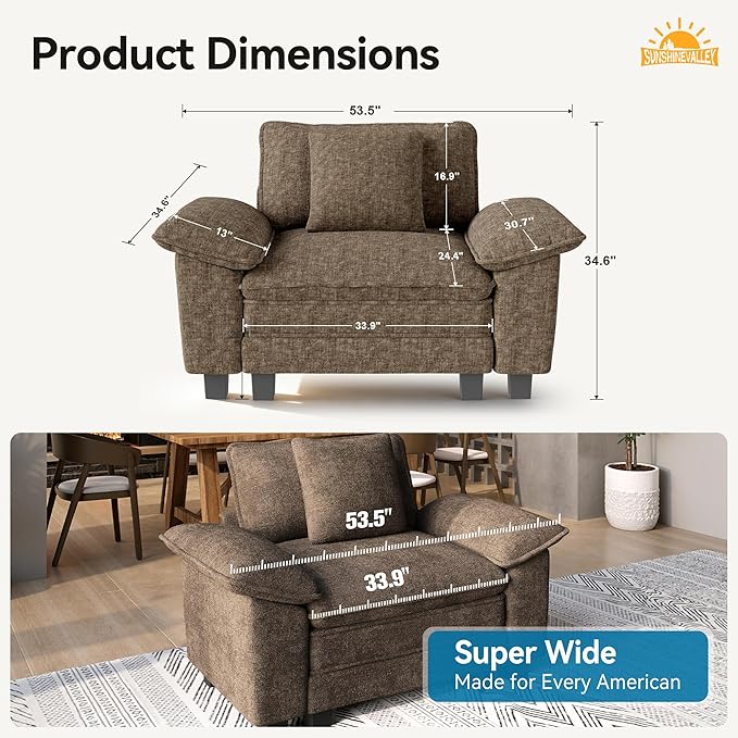 53.5'' Oversized Accent Chair, Chenille Single Seat Modular Sofa Chair with Wider Armrest and Pillow, Modern Cloud Deep Seat Armchair for Bedroom Living Room, Taupe