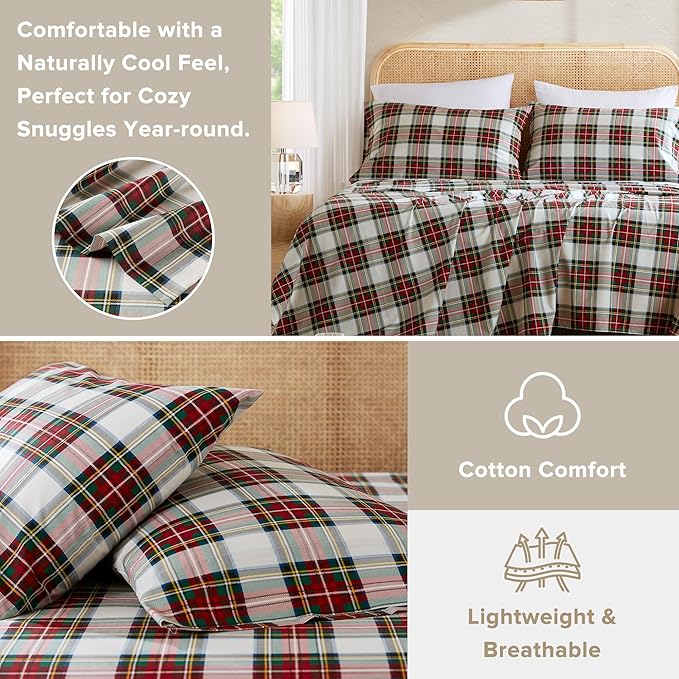 Comfort Spaces 100% Cotton Sheets Twin, Breathable, Naturally Cool Cotton Sheets, Cotton Bed Sheets with 12" Elastic Pocket Fits up to 14" Mattress, All Seasons Sheet Set, Scottish Plaid Red 3 Piece