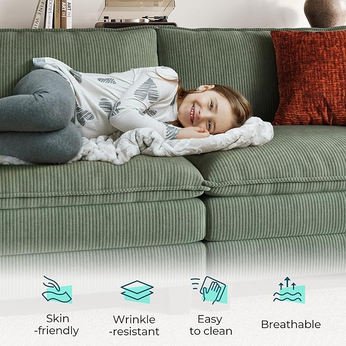 LINSY HOME 90'' Cloud Loveseat Sofa, Modular Sectional Couches Corduroy Cloud Couch Soft Modern Comfy Love Seat Sofa Set for Living Room Apartment Office, Green