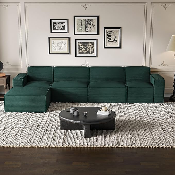 Cozy Castle 142" Modular Sectional Sofa, L Shaped Corduroy Boneless Couch with Deep Seat and Ottoman Chaise Cloud Sofa Upholstered Couches for Living Room Bedroom No Assembly Required (Green)