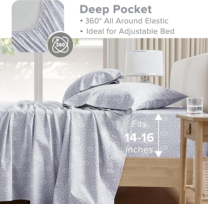 Comfort Spaces 100% Cotton Sheets Queen, Breathable, Naturally Cool Cotton Sheets, Soft Cotton Bed Sheets with 14" Elastic Pocket Fits up to 16" Mattress, All Seasons Sheet Set, Adelia Gray 4 Piece