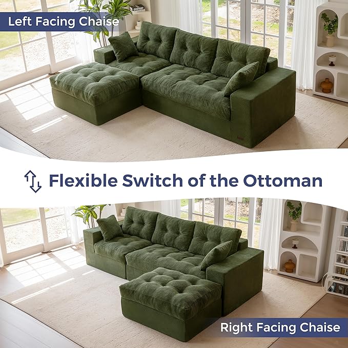 MAXYOYO 104" L Shaped Modular Sectional Sofa with Ottoman, Cloud Boneless Couch with Layered Cushion, Upholstered Sofa in a Box, Flexible Module Combination for Living Room, No Assembly, Dark Green