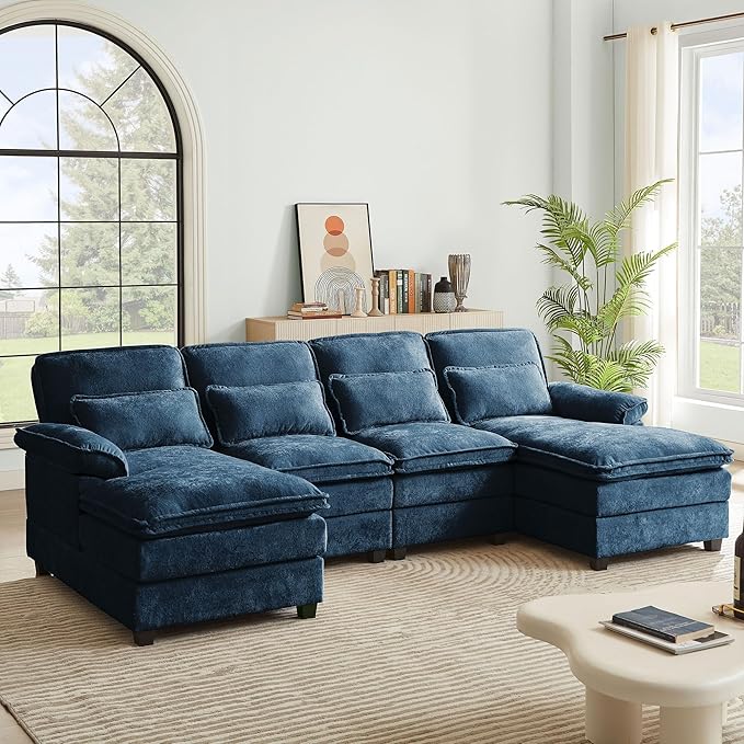 112" Modular Sectional Sofa, U Shaped Comfy Cloud Couch with Double Chaise and Padded Armrests, Modern Deep Seat Sectional Couches for Living Room, Apartment, Office, Dark Blue