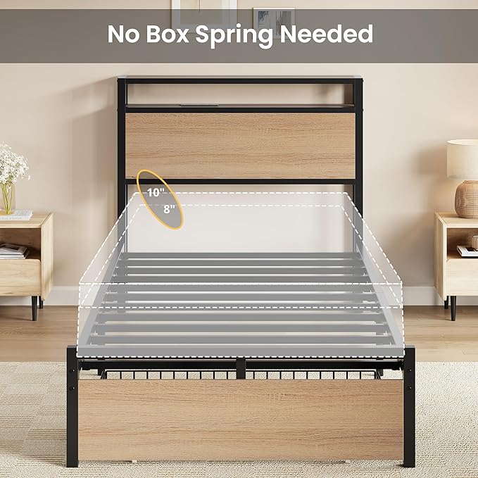 LIKIMIO Twin XL Bed Frames with Drawer, Storage Headboard with Outlets, No Box Spring Needed, Easy Assembly, Wood Color