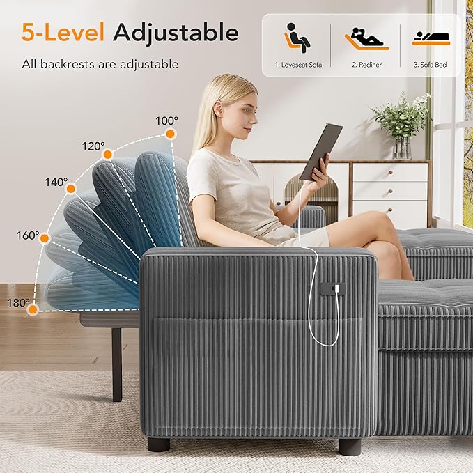 Vipbear Sectional Sleeper Couch with Pull Out Sofa Bed, U Shaped Plush Corduroy Couch with Reclining Backrest & 2 Storages & USB Charging, Convertible Cloud Sectional Sofa Bed for Living Room, Grey | Breathable material, Tool-Free Assembly, Reclining B...