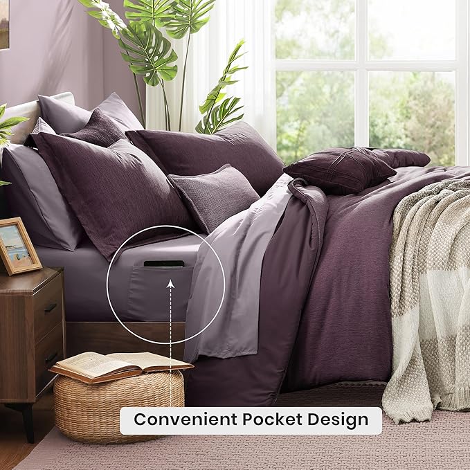 Monbix Super King Comforter Set, Italian Plum Cationic Dyeing Bedding Set Reversible, Bed in a Bag 7 Pieces with Comforter, Sheets, Pillowcases & Shams