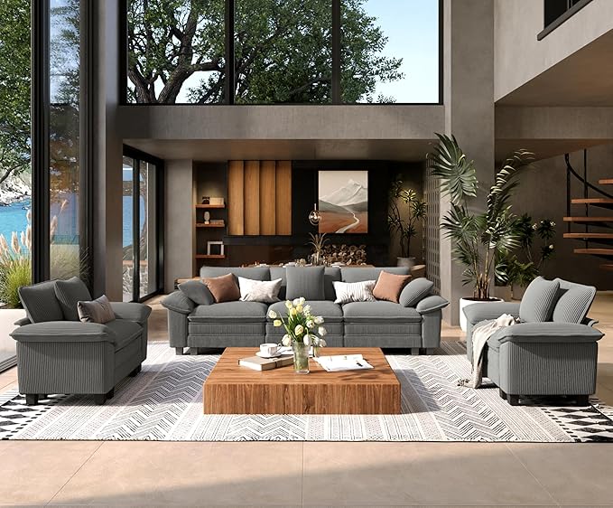 3 Piece Living Room Sofa Furniture Set, Corduroy 2 Comfy Cloud Chairs and 3-Seat Modular Couch with Pillow, Oversized 5-Seat Modern Deep Sectional Sofa for Apartment, Grey