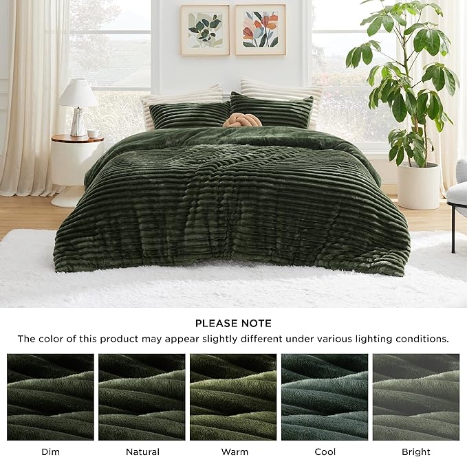 Bedsure Full Size Comforter Sets - GentleSoft™ 3 Pieces Double-Side Fleece Fluffy Olive Green Comforter Set, Cozy Striped Room Decor Aesthetic, Luxury Full Size Bedding, 2 Pillowcases, 82x86 Inches
