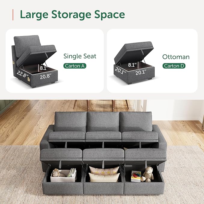 HONBAY Modular Sectional Couch Sleeper Sofa Bed with Storage Seats Oversized Sectional Couches for Living Room,Grey