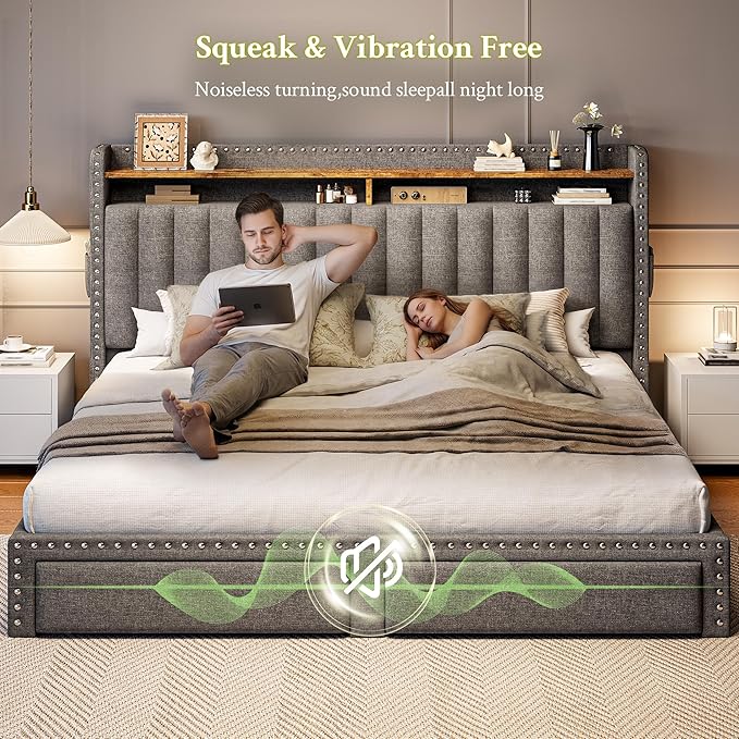 EnHomee King Size Bed Frame with 2 Metal Storage Drawers, Vertical Tufted Upholstered King Platform Bed with Headboard Shelf, 1000lbs Heavy Duty, No Box Spring Needed,Easy Assembly,Grey