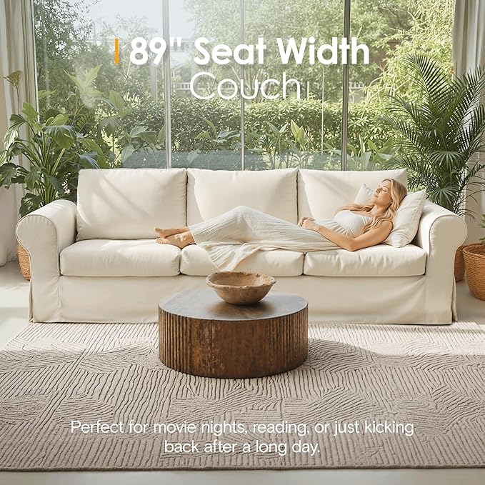 89" 3 Seater Sofa for Living Room, Deep Seated Comfy Couch with Removable Linen Slipcover, Modern Farmhouse Rolled-Arm Sofa, High Back Support, Cream White