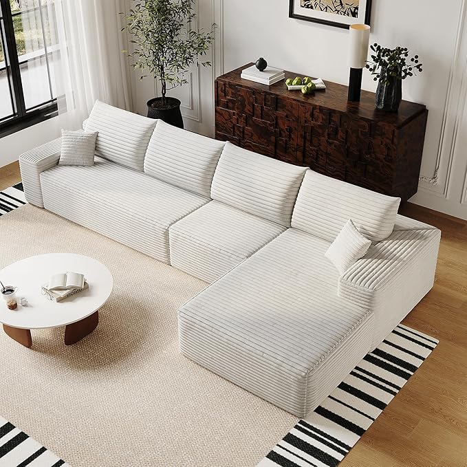 136" Sectional Couches for Living Room Cloud Couch Sofa with L-Shape Upholstered Boneless Couchs Modern Modular Sectional Couch with Chaise (White, 136" Right Facing Chaise+3Seaters)