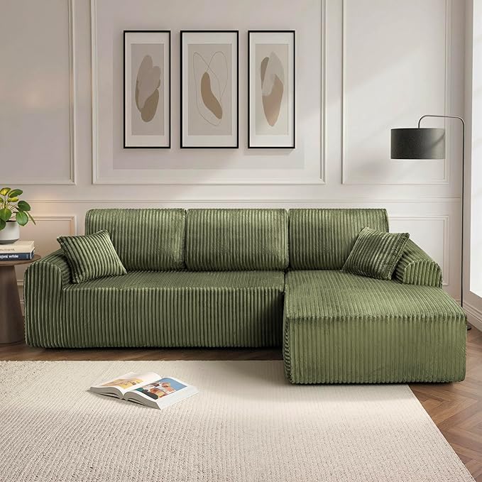 109“L-Shaped Sectional Sofa Boneless Couch Upholstery Cloud Modular Couch with Chaise No Assembly Required Corduroy Fabric Combination Deep Seat Living Room Bedroom(Green, Right Hand Facing)