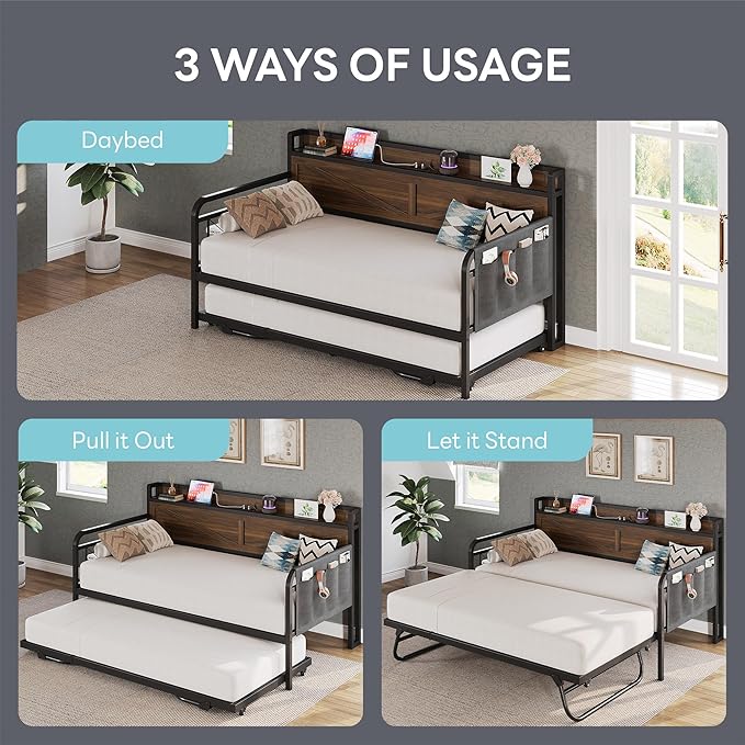 LIKIMIO Twin Daybed, Day Beds with Pop Up Trundle, Storage Headboard with Charging Station, Strong Supports for Apartment and Other Small Space, Walnut