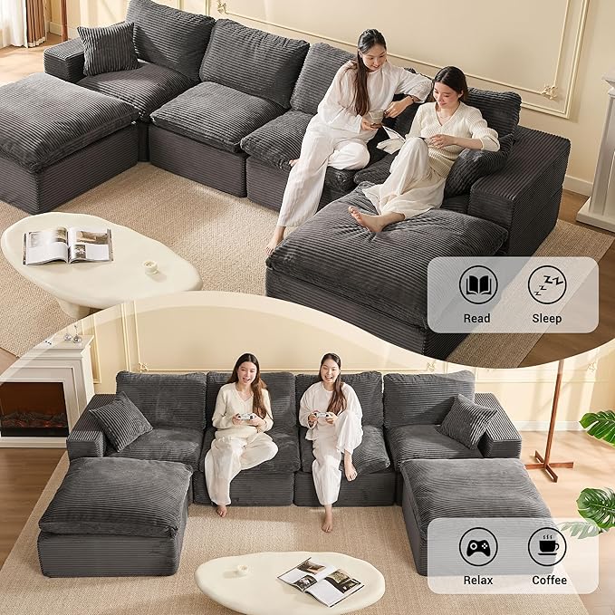 137.8” Sectional Couches for Living Room, Set of Cloud Couch, Modular Sectional Sofa, Convertible Sofas Bed, Deep Seat Sofa, U Shaped Cozy Sofa Furniture Set, Corduroy, Gray