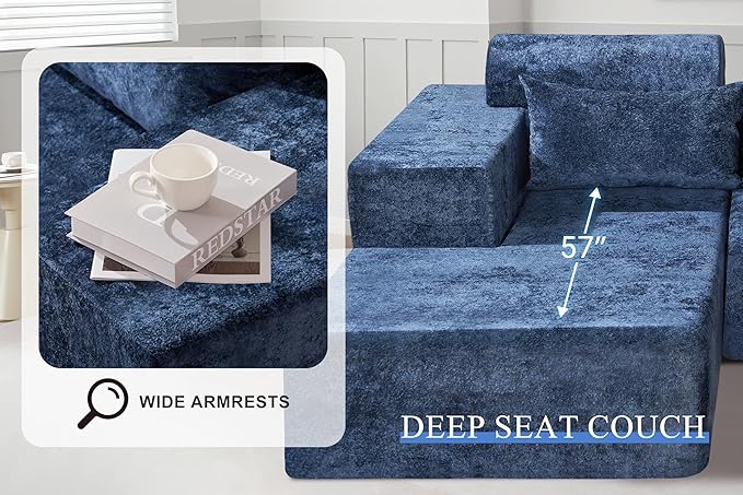 HABUTWAY 105" L-Shape Modular Sectional Sofa Couch for Living Room,No Assembly Required,Modular Comfy Sofa with Deep Seat for Living Room Bedroom,Luxury Distressed Velvet(Left,Blue)