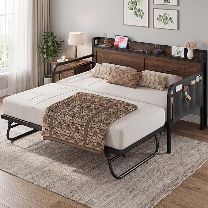 LIKIMIO Twin Daybed, Day Beds with Pop Up Trundle, Storage Headboard with Charging Station, Strong Supports for Apartment and Other Small Space, Walnut