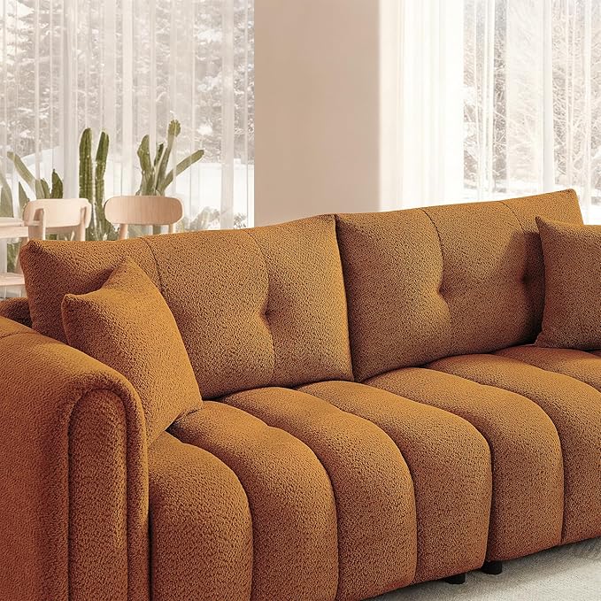 91.5" W Cloud Boucle Sofa for Living Room, Modern Comfy Boucle Couch with Rolled Arms and Soft Pillows, Teddy Oversized Loveseat for Apartment, Studio, Bedroom, Orange