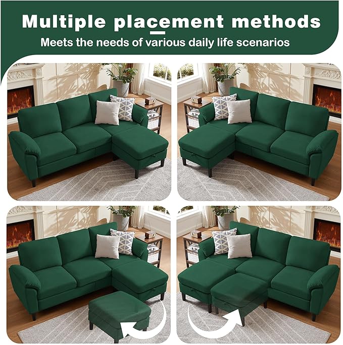 79" Convertible Sectional Sofa, Modern Linen Small L Shaped Couch with Reversible Chaise and Storage Ottoman, 3-Seat Sofa Couches for Living Room, Office, Apartment, Green