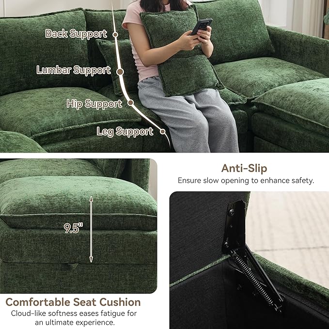 55" Cloud Modular Loveseat Sofa with Storage, Modern Upholstered Sofa Couch Small Love Seat，2 Seater Chenille Comfy Sectional Sofa with Armrests for Living Room, Small Space, Green