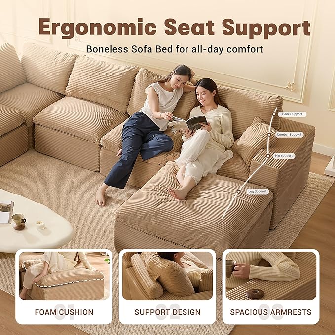 137.8” Sectional Couches for Living Room, Set of Cloud Couch, Modular Sectional Sofa, Convertible Sofas Bed, Deep Seat Sofa, U Shaped Cozy Sofa Furniture Set, Corduroy, Camel