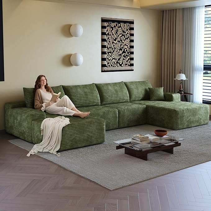 136" Sectional Couches for Living Room Cloud Couch Sofa with L-Shape Upholstered Boneless Couchs Modern Modular Sectional Couch with Chaise (Green, 136" Right Facing Chaise+3Seaters+Ottoman)