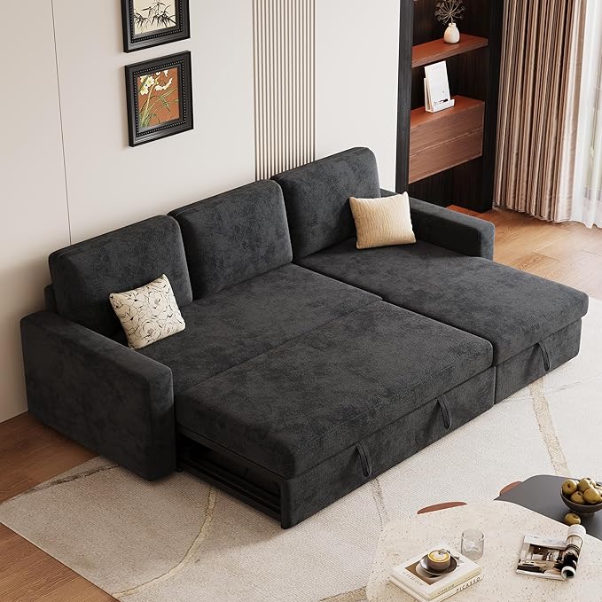 81.5" Convertible L Shaped Sleeper Sofa, 3-Seat Pull Out Sectional Couch with Storage Chaise & Removable Cushions, Chenille Fabric for Small Living Room Apartment, Dark Gray