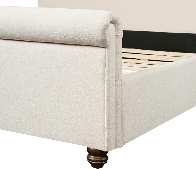 Christopher Knight Home Chenzi Linen Upholstered King Bed Frame and Headboard with Footboard, Wooden Platform King Size Bed Frame and Double-Layer Oval Legs, No Box Spring Needed, Beige