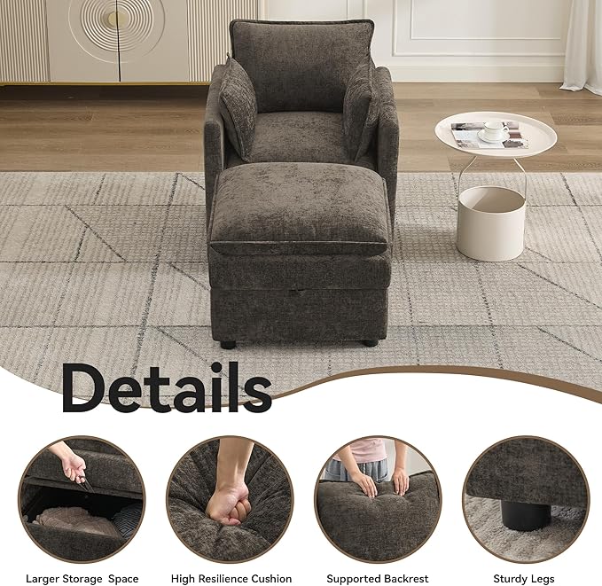 30" Cloud Modular Single Sofa Chair with Storage Ottoman, Modern Upholstered Accent Chair with Storage, Chenille Reading Lounge Armchair for Living Room, Bedroom, Small Space, Brown | Sofa Chair, Upholstered Chair, Accent Chair, Reading Lounge, Armchair