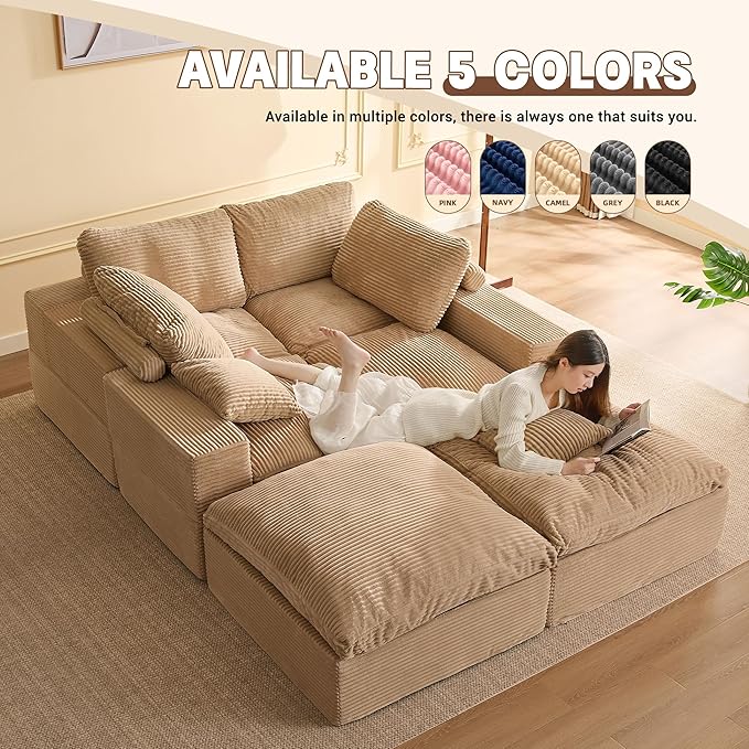 137.8” Sectional Couches for Living Room, Set of Cloud Couch, Modular Sectional Sofa, Convertible Sofas Bed, Deep Seat Sofa, U Shaped Cozy Sofa Furniture Set, Corduroy, Camel