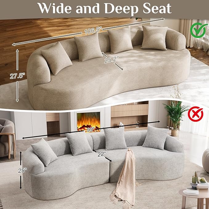 107" Curved Sofa for Living Room, Modern Chenille Cloud Couch Sofa, Luxury Plush Extra Deep 4-Seater Oversized Boucle Couch for Small Spaces, Apartment‌, No Assembly Required, Light Brown
