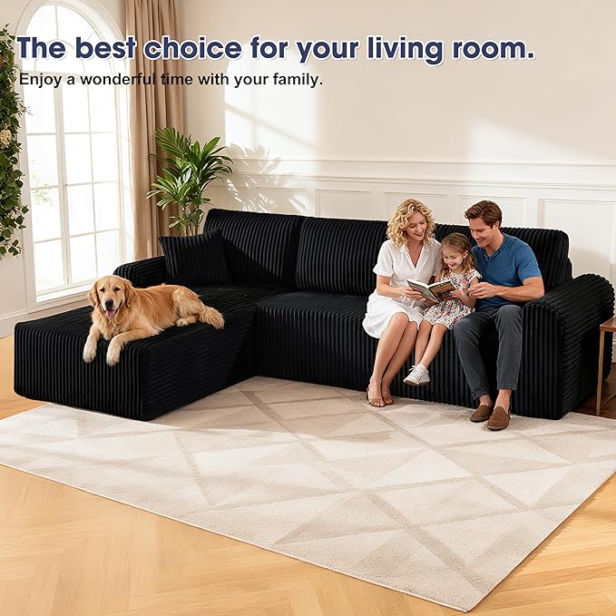 109“L-Shaped Sectional Sofa Boneless Couch Upholstery Cloud Modular Couch with Chaise No Assembly Required Corduroy Fabric Combination Deep Seat Living Room Bedroom (Black, Left Hand Facing)