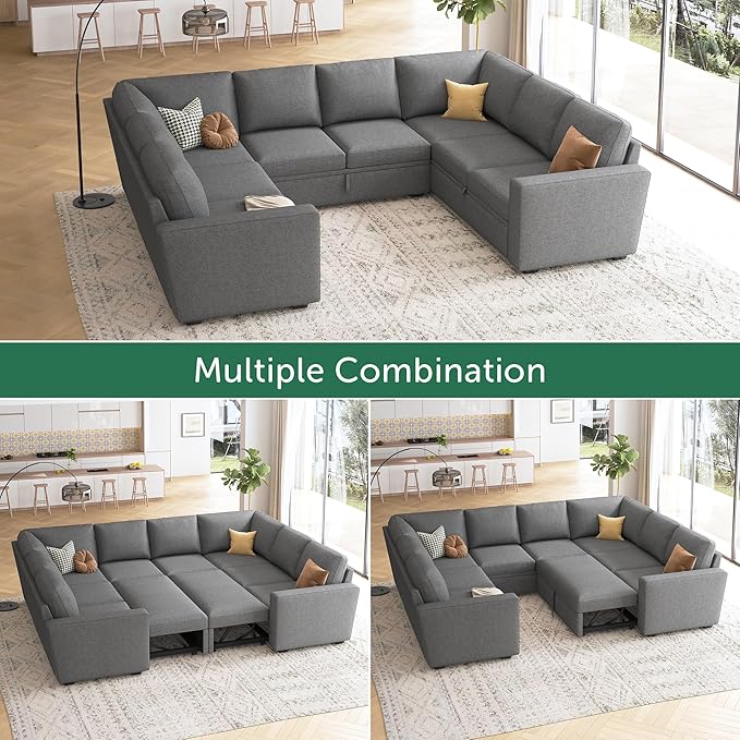 HONBAY Sleeper Sectional Couch with Pull Out Bed, Modular Sleeper Sofa with Storage, U Shaped Sectional Couches for Living Room, Dark Grey