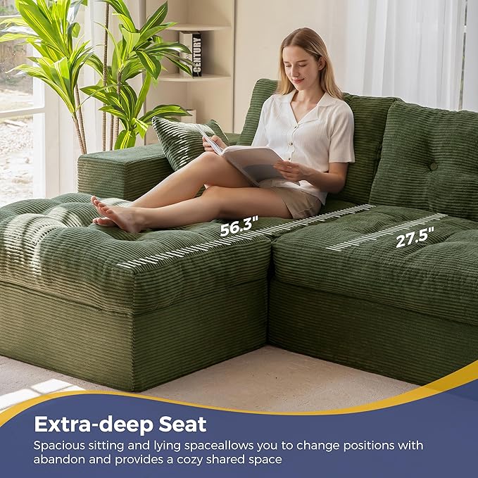 MAXYOYO 104" L Shaped Modular Sectional Sofa with Ottoman, Cloud Boneless Couch with Layered Cushion, Upholstered Sofa in a Box, Flexible Module Combination for Living Room, No Assembly, Dark Green