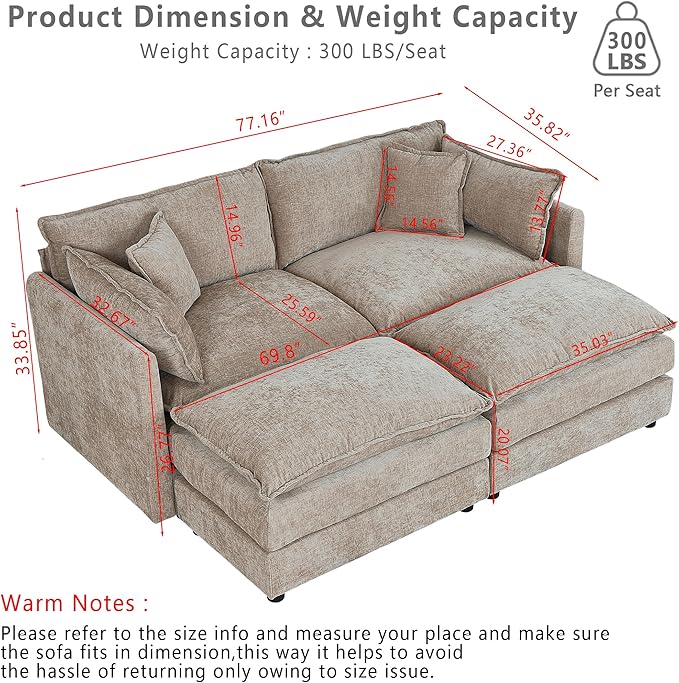 Setawix Deep Loveseat Couch with Ottomans,Large 2 Seater Lounger Cloud Couches for Living Room,77.16" Chenille Cloud Sofas with Deep Seat,Modular Sectional Sleeper Sofa for Bedroom (Coffee, 2+2)