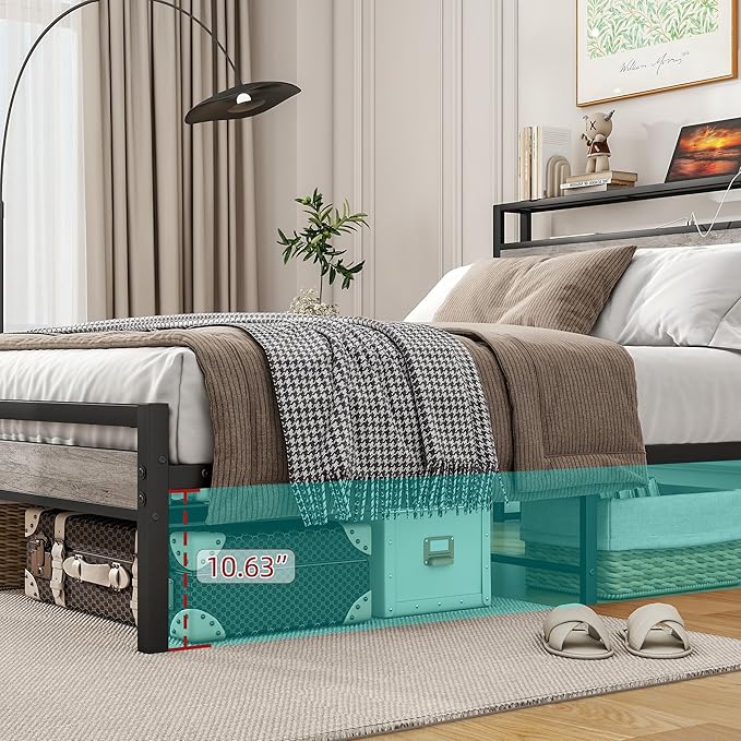 BOFENG Full Size Bed Frame with Storage Headboard/Charging Station,Heavy Duty Metal Platform Bed Frame Full,Reinforced Steel Slats Support,No Box Spring Needed,Noise Free,Grey