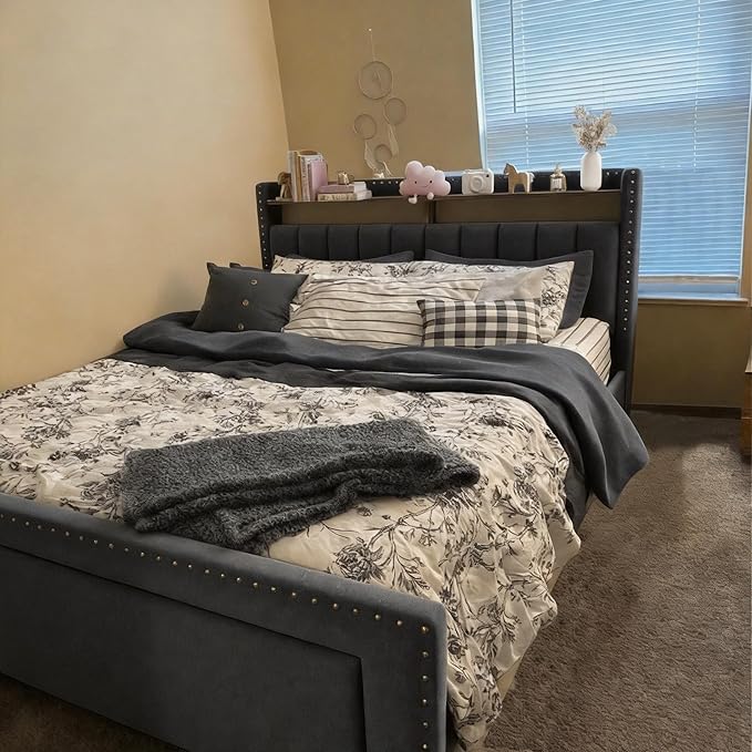 EnHomee Twin Bed Frame Upholstered Twin Bed with Storage Drawers and 2-Tier Vertical Tufted Headboard, Extra Storage Space for Bedroom Apartment, Grey