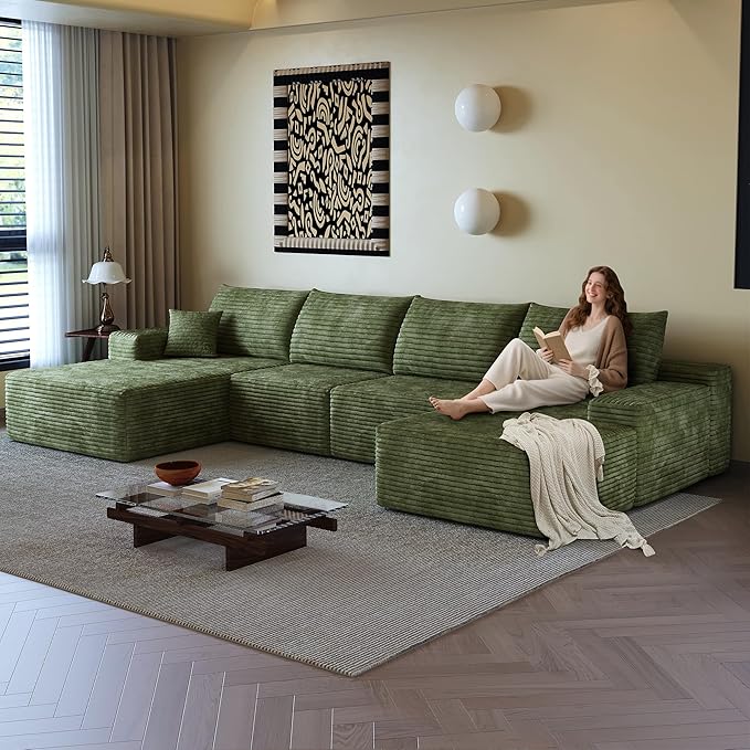 136" Sectional Couches for Living Room Cloud Couch Sofa with L-Shape Upholstered Boneless Couchs Modern Modular Sectional Couch with Chaise (Green, 136" Left Facing Chaise+3Seaters+Ottoman)