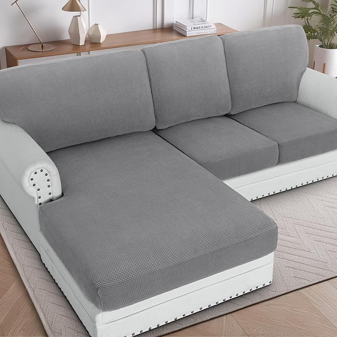 H.VERSAILTEX Sectional Couch Covers 6 Pieces Stretch Sofa Covers for Sectional Sofa Set Separate L Shaped Couch Cover for Both Left/Right Couch (Seat and Back: 1 Chaise + 2 Sofa, Dove)