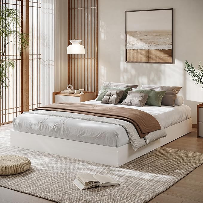 Solid Wood Platform Bed with Sturdy Wooden Slats, Full Size Floor-Standing Bed Frame, Modern Minimalist Design Space-Saving Bed Frame, No Box Spring Needed, Easy Assembly, White