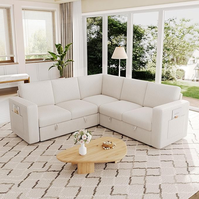 83.5" Sectional Sleeper Sofa with Pull Out Couch, Modern 5 Seat L Shaped Modular Couch, Sectionals Modular Sofa with Storage, Comfy Corduroy Couches Sectional for Living Room & Apartment, Beige