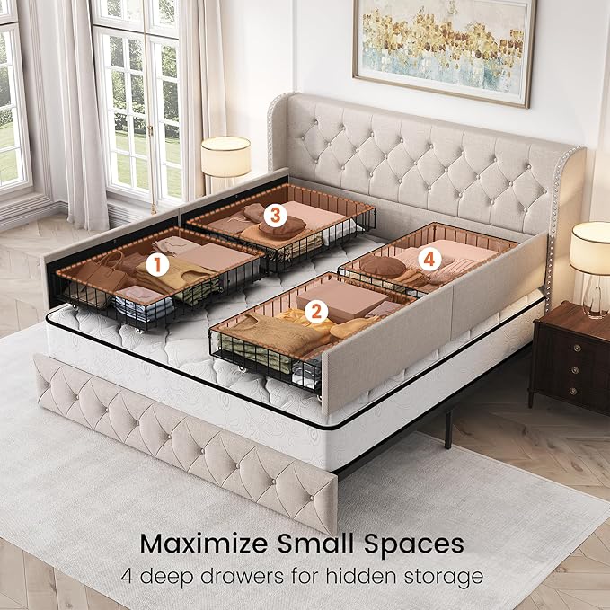 LARMACE King Size Bed Frame with 4 Storage Drawers and 47.2" Tall Tufted Headboard Linen Upholstered Platform Bed Frame Wingback Beds with Wooden Slats Support, Easy Assembly, Beige