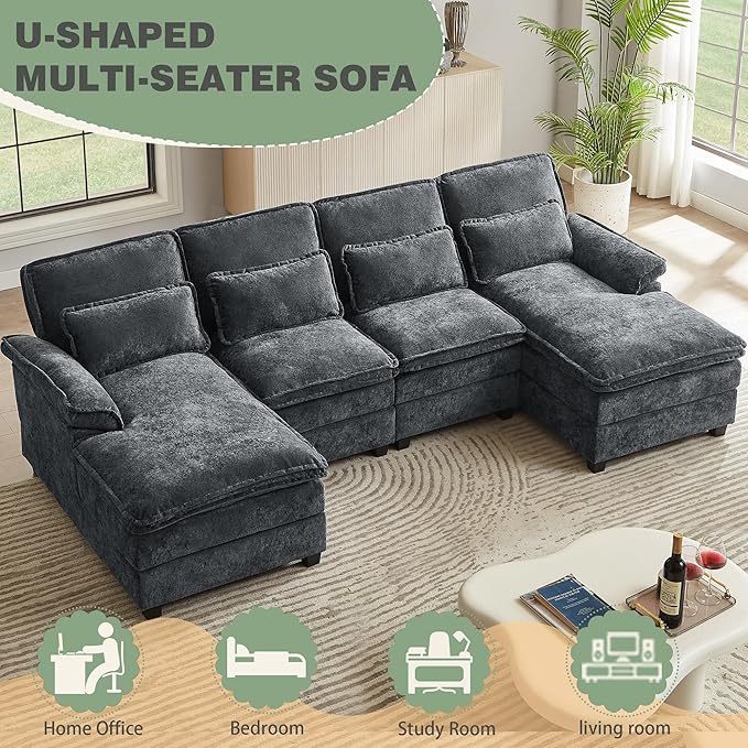 112" Modular Sectional Sofa, U Shaped Comfy Cloud Couch with Double Chaise and Padded Armrests, Modern Deep Seat Sectional Couches for Living Room, Apartment, Office, Dark Grey