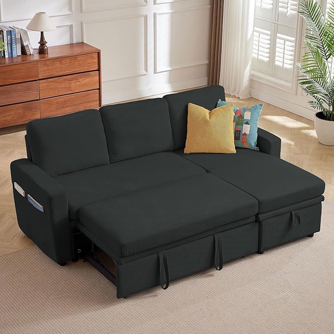 79" Sleeper Sofa Bed, Convertible Sofa Pull Out Couch with Storage | Reversible Chaise | L Shaped | Layered Storage | 3-Seater Comfy Sectional Couch Pullout Bed for Living Room, Black