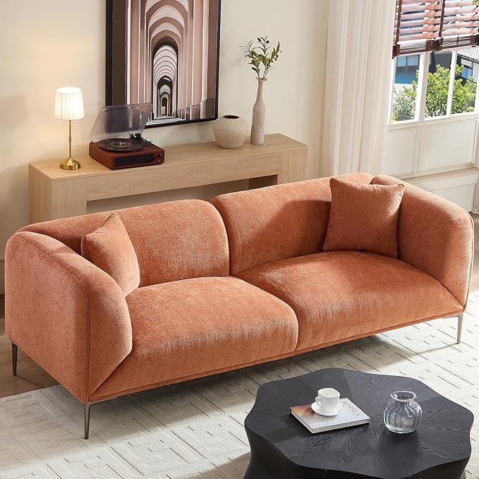 MEETAKING 82.68" Modern Sofa, 3-Seater Deep Seats Tuxedo Couch, Boucle Sofas with 2 Pillows, Minimalist Couches Straight with Metal Legs, High Armrests for Living Room,Bedroom,Home Office(Orange)