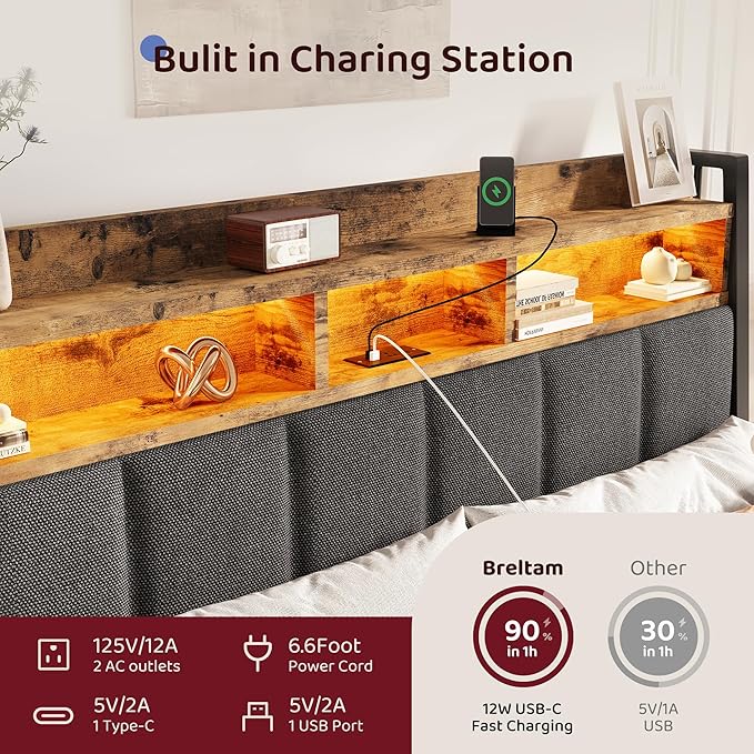 BRELTAM Queen Bed Frame with 2 Storage Drawers and 2-Tier Headboard,Upholstered Wooden Platform Bed with Charging Station, LED Lights,Noise-Free/Metal Support/No Box Spring Needed,Vintage Brown