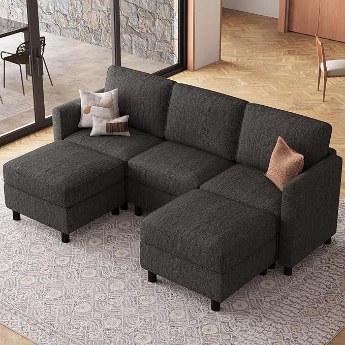 Belffin 84.3" 5 Seats U Shaped Couch Modular Sectional Sofa Washable Sectional Couches for Living Room Comfy Couches with Storage Seat Couch Sofas with Chaise,Dark Grey