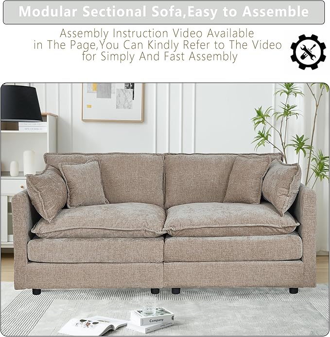 Setawix Chenille Loveseat Sofa Couch with Deep Seat,Large 2 Seater Cloud Couches for Living Room,77.16" Roomy Cloud Sofas,Modular Sectional 2 Seat Sofa with Pillows for Bedroom. (Coffee, 2 Seater)