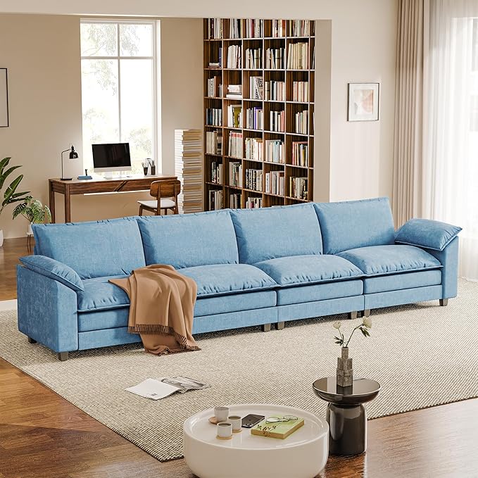 158.6'' Sectional Cloud Couch with 4 Seats & Wide Armrests, Oversized Linear Sofa with Double Layer Cushions, Comfy Chenille Couches for Living Room and Apartment (Dark Blue, Linear Sofa)